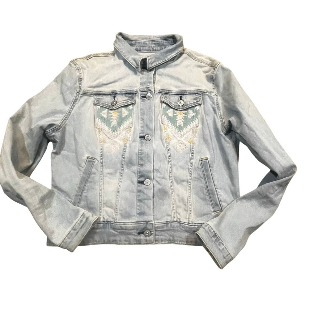 LuLaRoe Women’s Size L Denim Jacket Aztec Embroidered Southwestern Light Wash